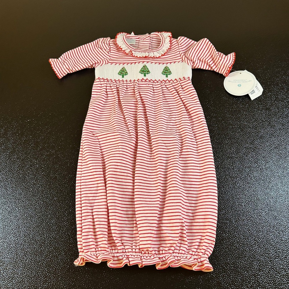 Edgehill Collection Christmas‎ Tree Smocked Gown Holiday Outfit Baby 0-3M NWT